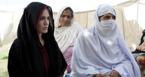 Angelina Jolie pictured with local women during her visit to Pakistan as a UNHCR Goodwill Ambassador.