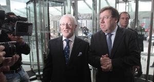 Chairman Dermot Dwyer and Taoiseach Brian Cowen arrive for the opening of the new National Convention Centre in Dublin city centre today.
