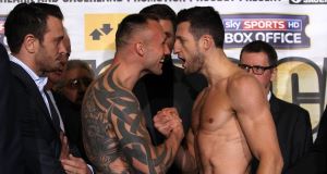 Carl Froch, right,  exchanges words with Mikkel Kessler after yesterday's weigh-in atthe O2 Arena, London, ahead of tonight's Super Middleweight bout. Picture: Nick Potts