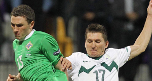 Northern Irelands Corry Evans scores tonights winning goal.