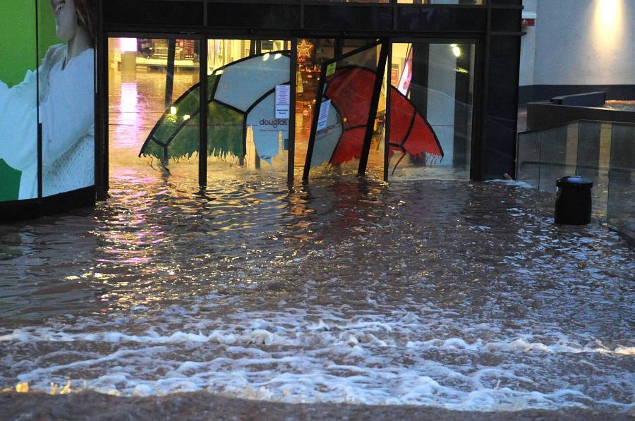 A shopping centre in Douglas suffers from the floods this morning. Pic: Eddie O'Hare