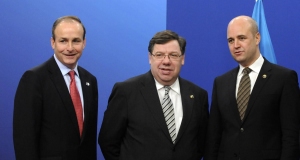 Foreign Minister Micheal Martin and Taoiseach Brian Cowen with Swedish Prime Minister Fredrik Reinfeldt in Brussels today.
