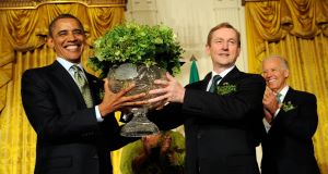 Taoiseach Enda Kenny and US President Barack Obama participate in the Shamrock Ceremony in the White House last year. Picture: Leslie E. Kossoff/LK Photos