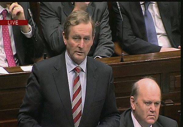 Taoiseach Enda Kenny and Finance Minister Michael Noonan in the Dáil last night as the emergency debate got underway. Picture: TV3