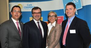 Conor Healy, Cork Chamber; Pádraig Ó Ríordáin, DAA; Chamber president Gillian Keating; and Aidan Holland, Irish Examiner at the Cork Chamber of Commerce business breakfast at the Cork International Airport Hotel.