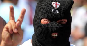 An English Defence League supporter at the Old Bailey, London, as six Islamic extremists are sentenced for plotting an attack on a rally. Picture: Gareth Fuller/PA