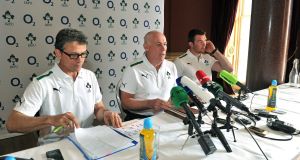 ROG believes Less Kiss (left) is likely to switch from attack cto defence coach under Joe Schmidt; manager Michael Kearney (centre) may perform the 'green' role of having a native Irishman involved. Picture: Barry Cregg/Sportsfile
