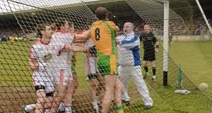  NO LOVE LOST: Tyrone and Donegal players square up during the recent Allianz Football League clash at Healy Park, Omagh. Picture: Oliver McVeigh/Sportsfile 