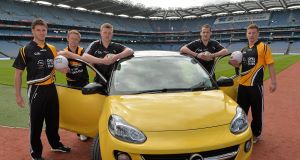 Cork footballer Eoin Cadogan; Kerry footballer Colm Cooper; Galway hurler Joe Canning; Kilkenny hurler Jackie Tyrrell and Dublin footballer Ciaran Kilkenny at the launch of Opel Kits for Clubs 2013.