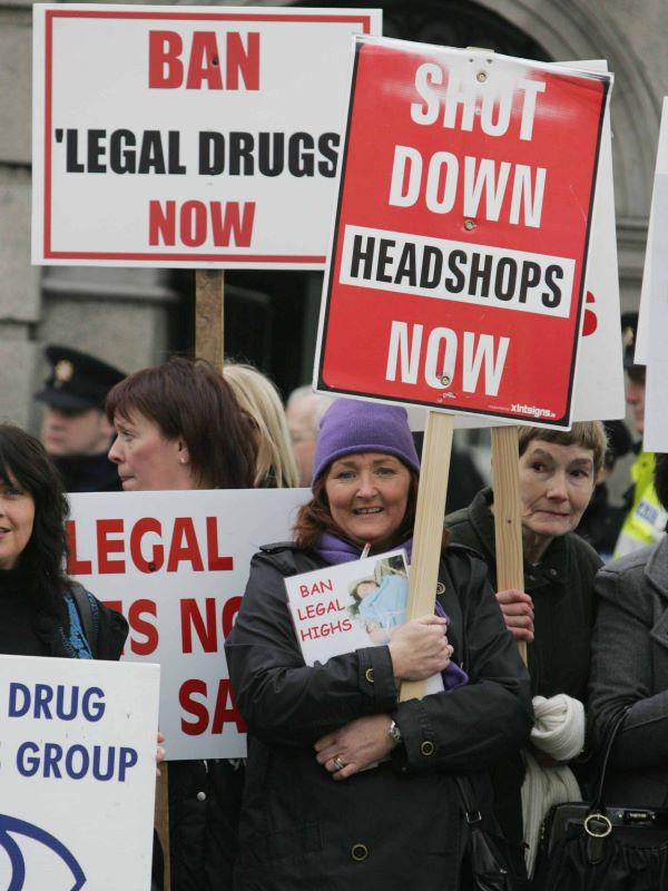 People and groups from around the country protest outside the Dail over Headshops and legal drugs.