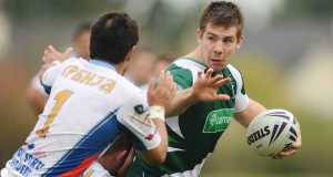 Irelands James Coyle is tackled by Serbias Ivan Susnjara. Irelands James Coyle is tackled by Serbias Ivan Susnjara.