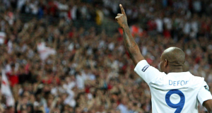 Englands Jermain Defoe celebrates scoring the opening goal of the game against Bulgaria tonight.