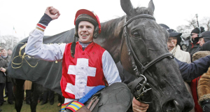 Alain Cawley celebrates with Joncol after winning the Hennessy Gold Cup at Leopardstown.