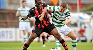 Joseph Ndo of Bohemians in action against Shane Robinson of Shamrock Rovers at Dalymount Park, Dublin, today. Pic: David Maher / SPORTSFILE