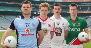 Dublin's Kevin McManamon, Tyrone's Peter Harte, Kildare's Eoin Doyle and Cillian O'Connor of Mayo. Picture: INPHO