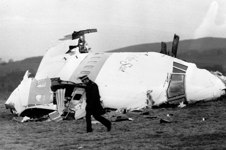 The wrecked nose section of the Pan-Am Boeing 747 lying in a Scottish field at Lockerbie.