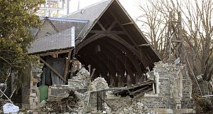 The damaged St. John the Baptist Church is seen following series of earthquakes that shook Christchurch, New Zealand, today. Pic: AP