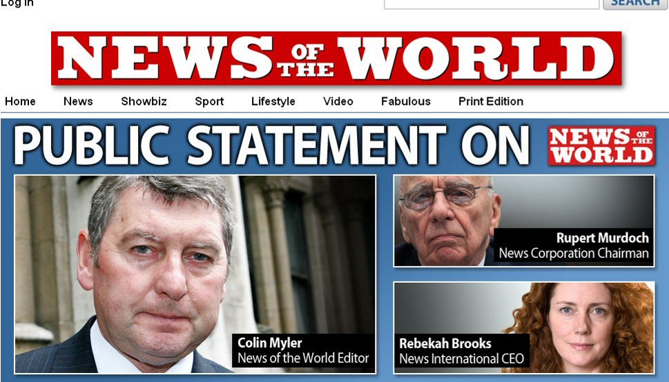 A notice on the News of the World website.