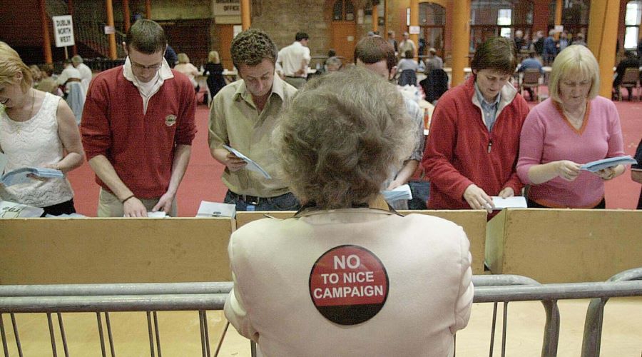 A ‘NO’ supporter watches as votes are counted in the Nice referendum.