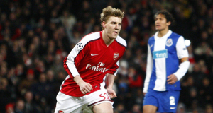 Arsenals Nicklas Bendtner celebrates scoring the fifth goal of the night and completing his hat-trick. Arsenals Nicklas Bendtner celebrates scoring the fifth goal of the night and completing his hat-trick.