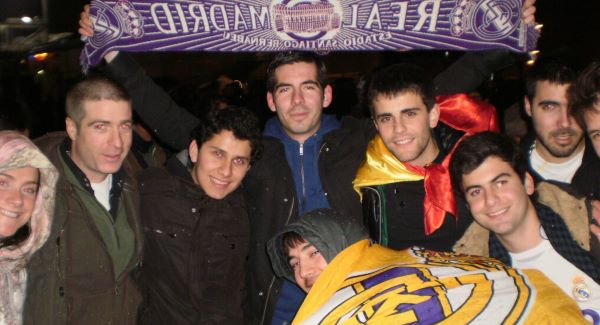 Richard Fitzpatrick, second from left, with Real Madrid fans at a Champions League match in Lyon in 2011
