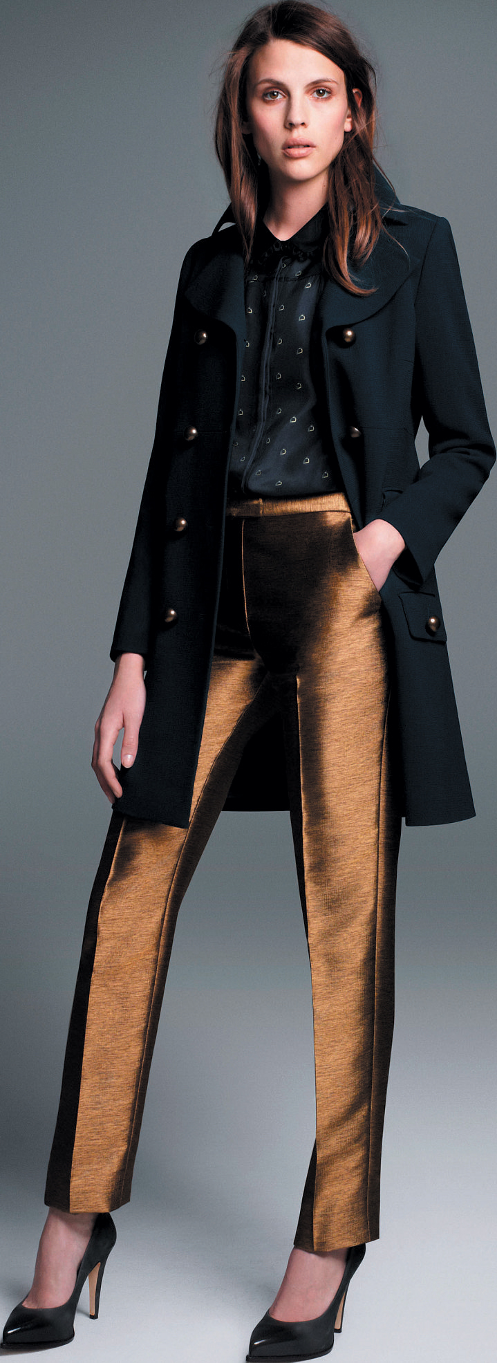 'Regency' coat €330, 'Stirrup' blouse €135, 'Precious' trousers €170, 'Anouschka' court €205, Hobbs London.