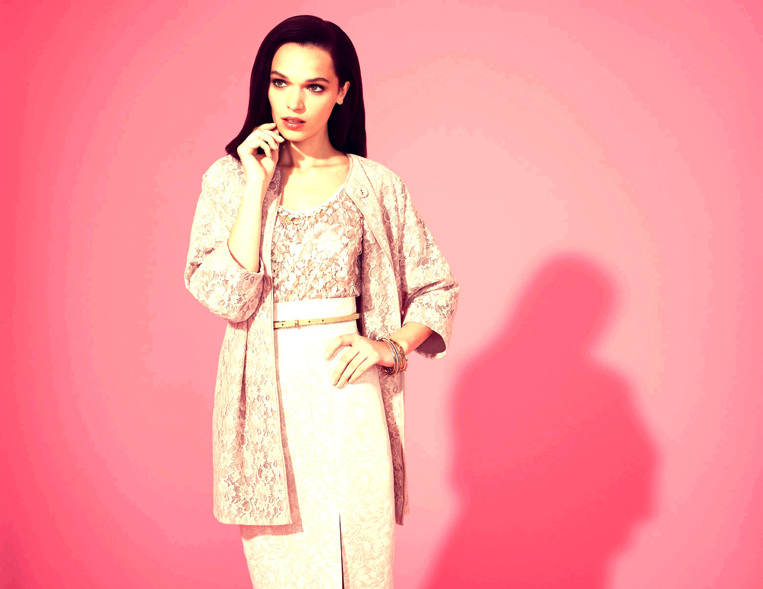 Lace jacket, lace vest €60, jaquard pencil skirt €72, Warehouse