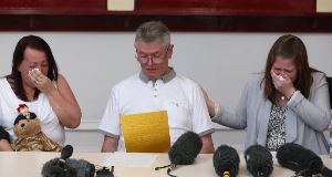 The family of murdered soldier Lee Rigby, left to right, mother Lyn, stepfather Ian, and wife Rebecca, address  the media. Picture: Dave Thompson