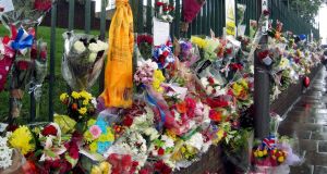 The ad hoc shrine at the site of the killing where Lee Rigby was hacked to death. Picture: PA