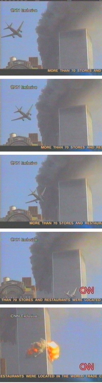 Pictures on CNN of the United Airlines Flight 175 with 56 passengers and nine crew crashing into the southern tower of the World Trade Centre